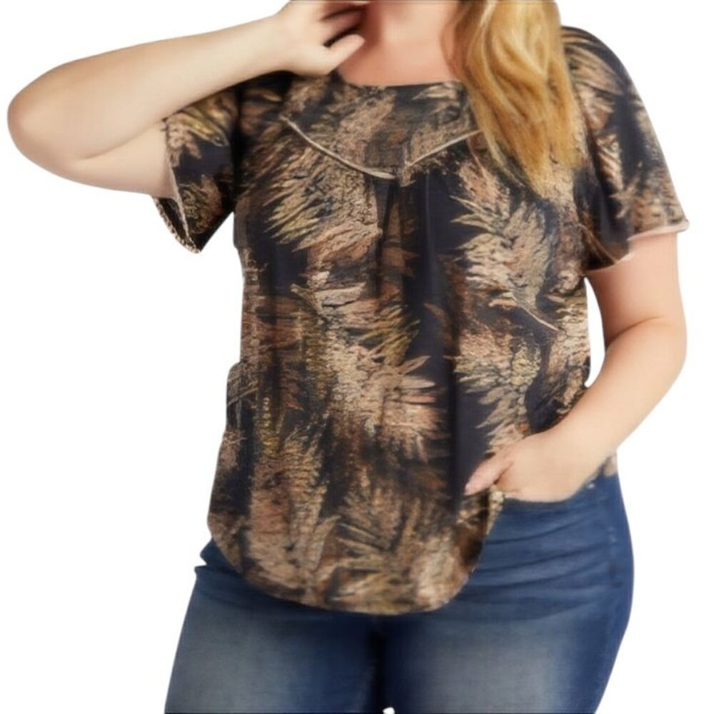 Democracy 2X Top Flounce Sleeve Knit Palm Print Smocked Yoke Black Tan NWT